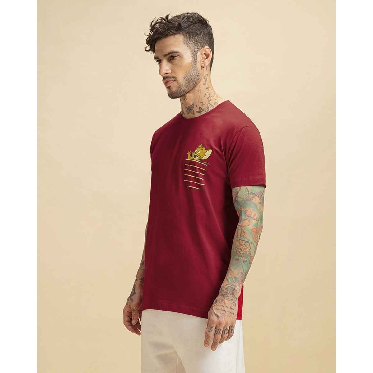 Bewakoof Tom & Jerry Merchandise Men's Red Pocket Jerry Graphic Printed T-shirt - L