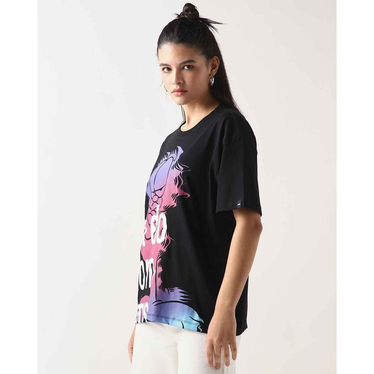 Bewakoof Women's Mornings Graphic Printed Oversized T-shirt | Black - M