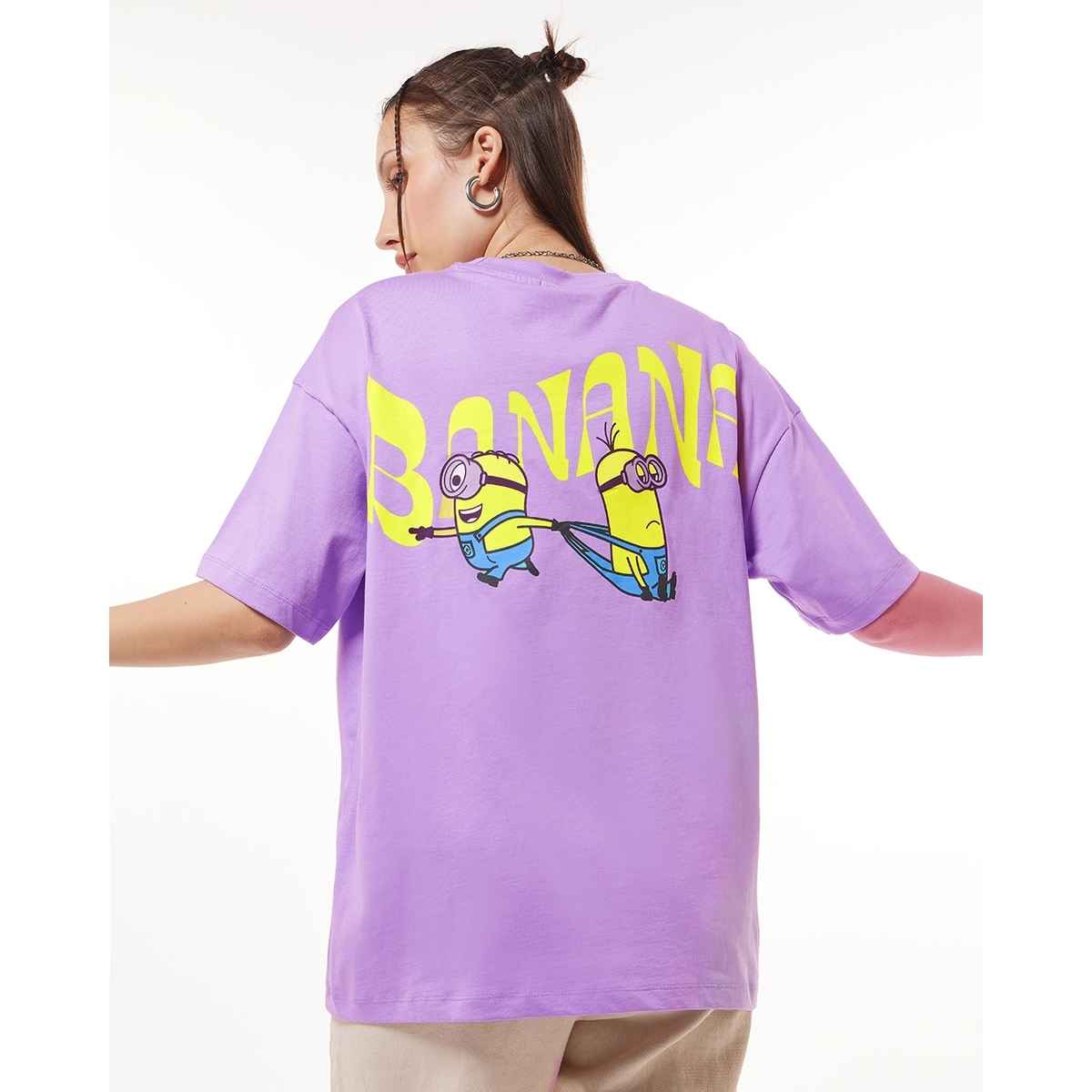Bewakoof Women's Minion Graphic Printed Oversized T-shirt | Purple - L