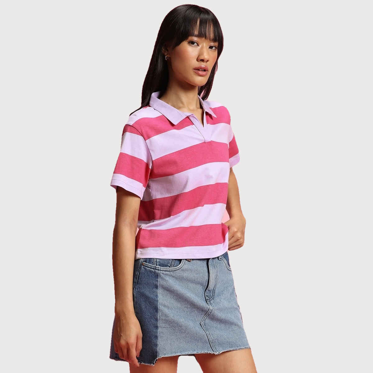 Bewakoof Women's Striped Polo T-shirt | Pink & White - XL