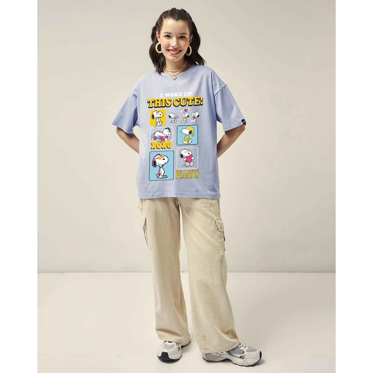 Bewakoof Women's Woke Up Cute Graphic Printed Oversized T-shirt | Baby Lavender - M