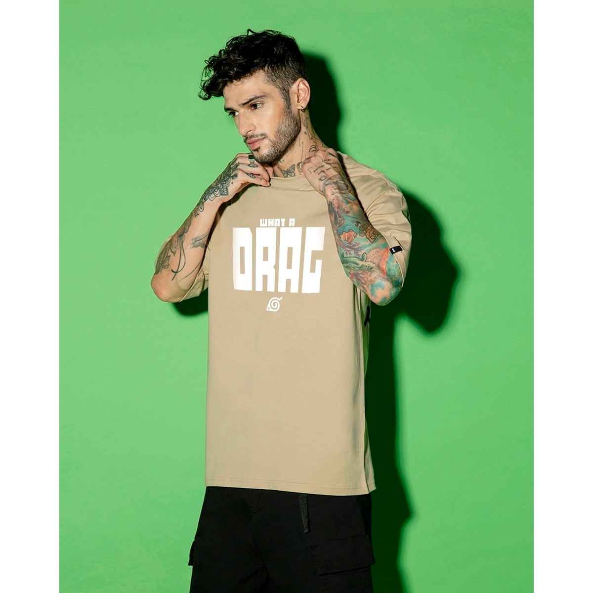 Bewakoof Men's Official Naruto Shikamaru Drag Graphic Printed Oversized T-shirt | Brown - 2XL