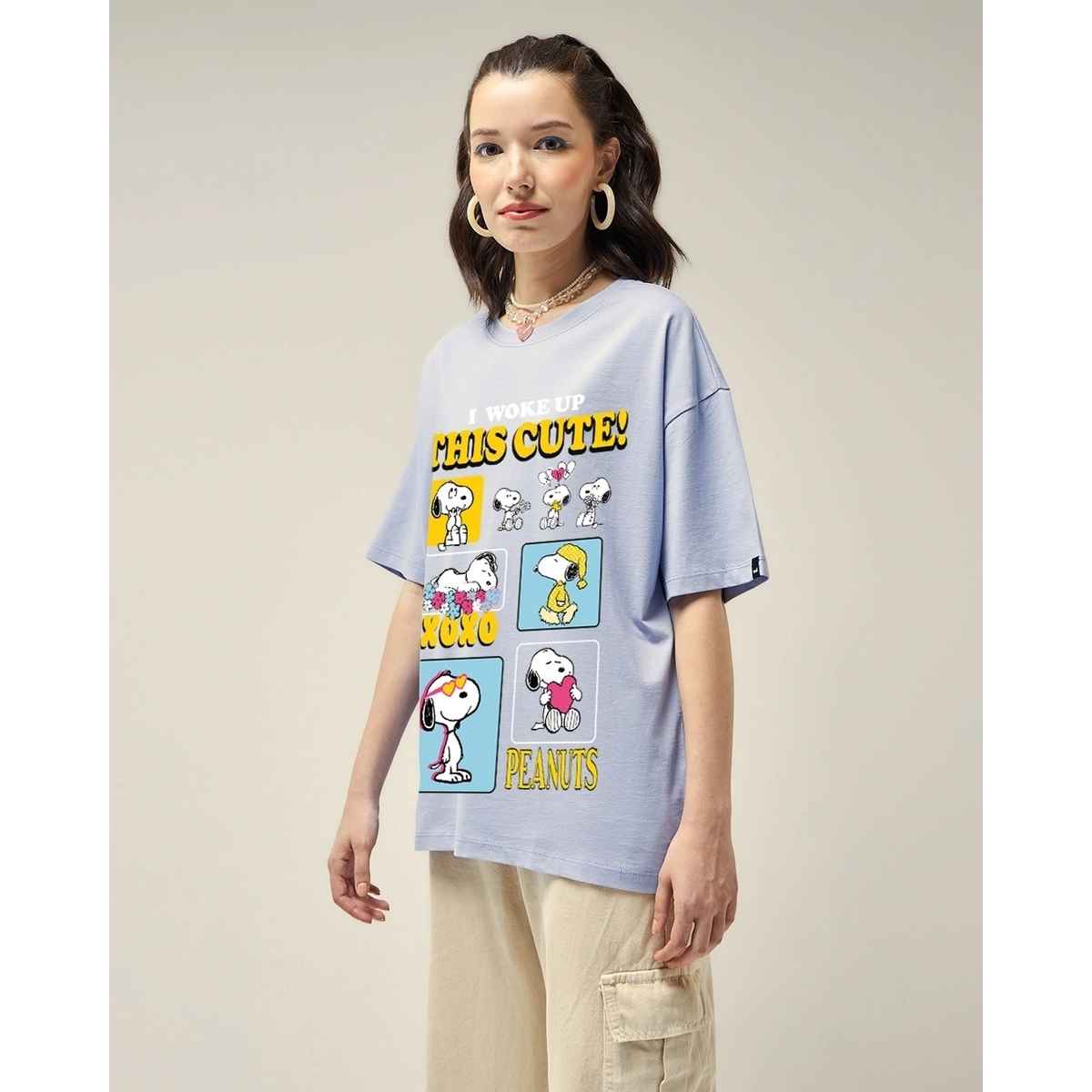 Bewakoof Women's Woke Up Cute Graphic Printed Oversized T-shirt | Baby Lavender - M