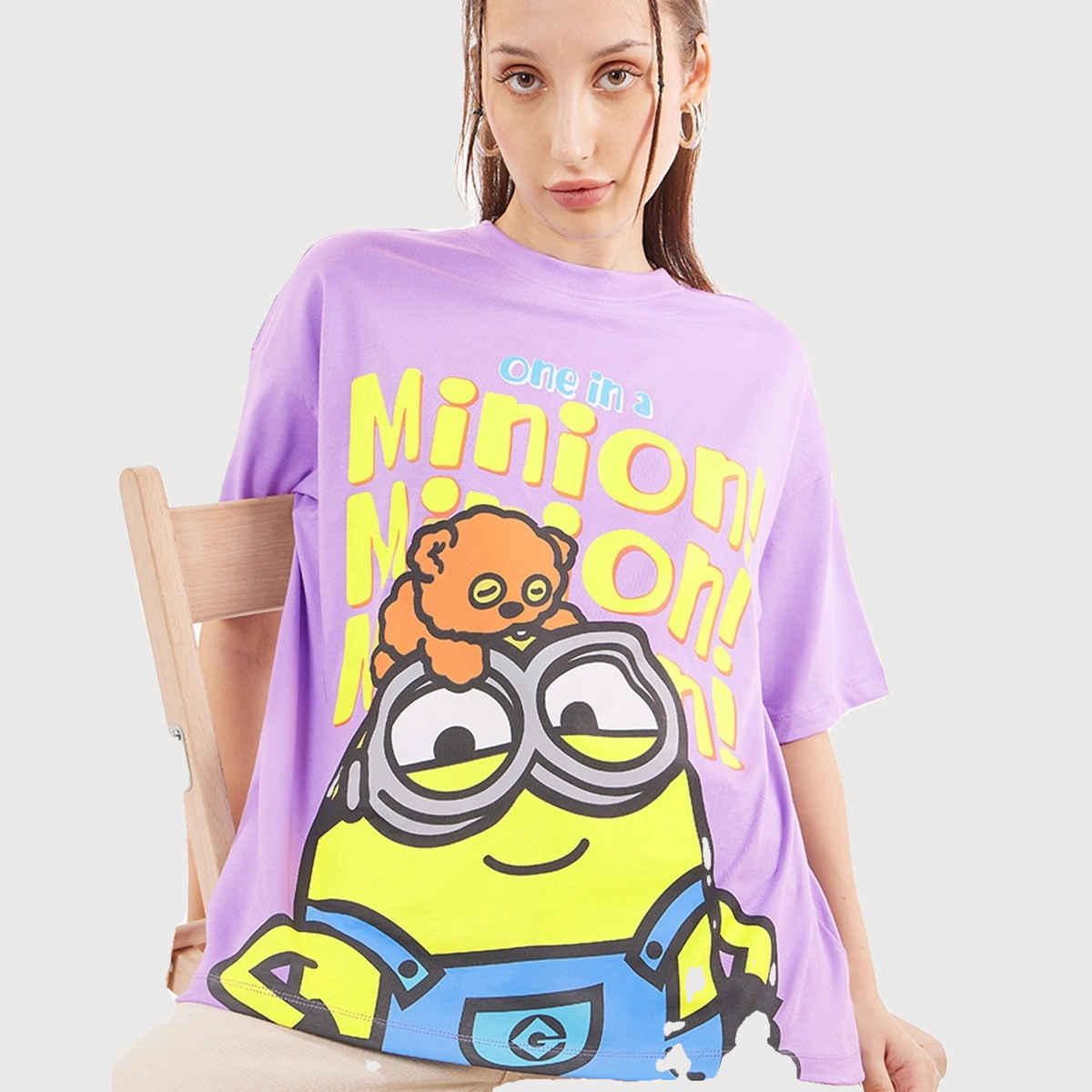 Bewakoof Women's Minion Graphic Printed Oversized T-shirt | Purple - L
