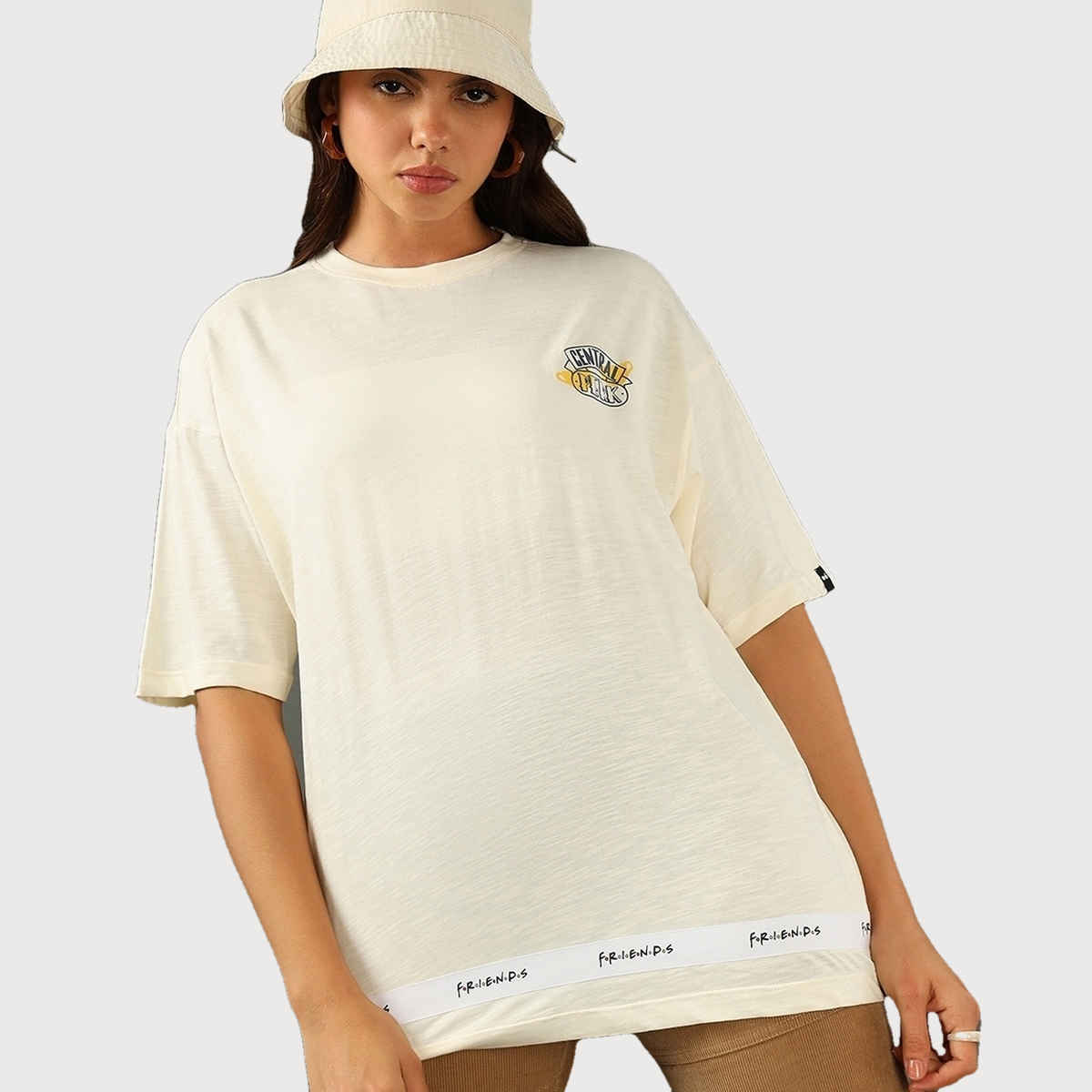 Bewakoof Women's Friends Tape Graphic Printed Oversized T-shirt | Gardenia - S