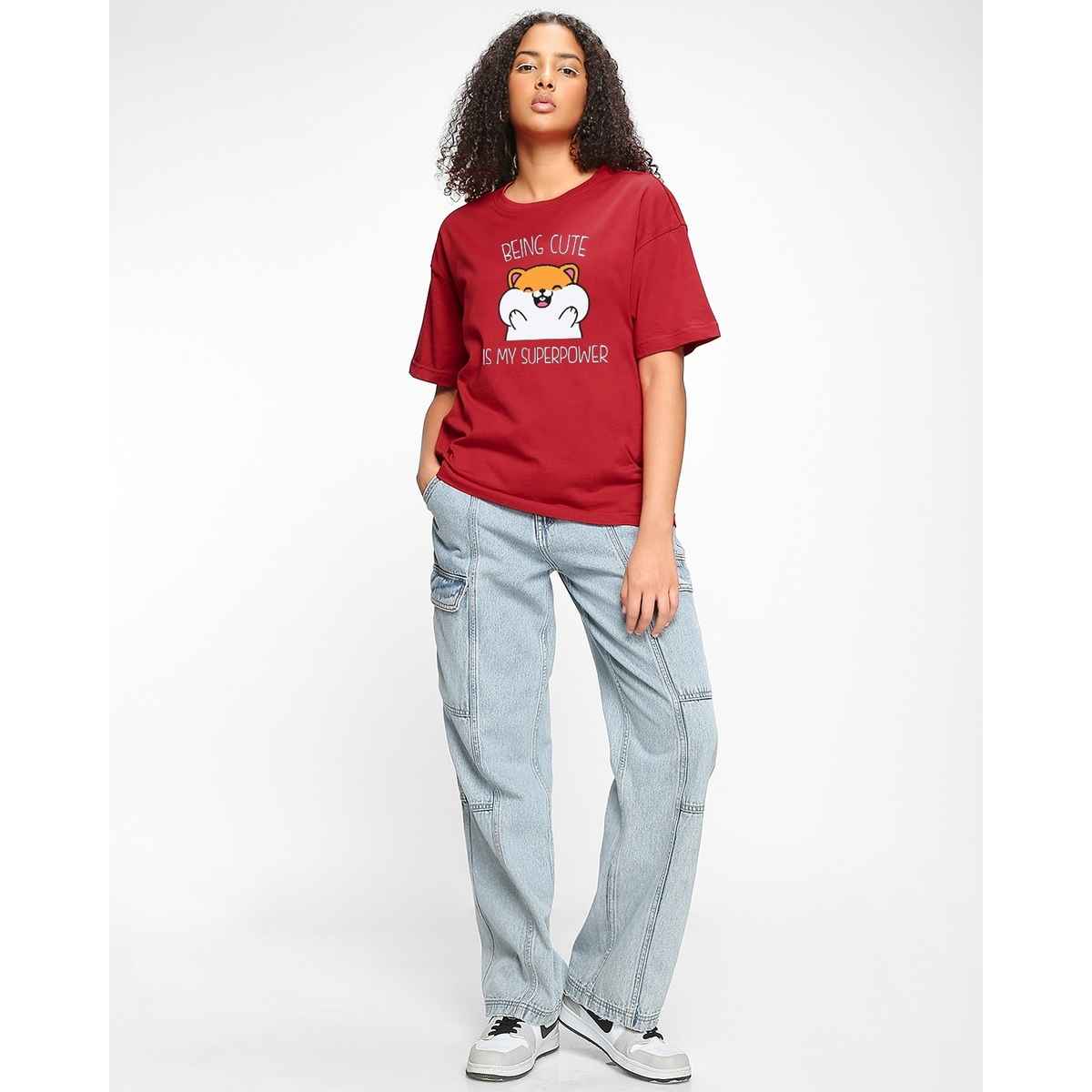 Bewakoof Women's Being Cute Is My Superpower Graphic Printed Oversized T-shirt | Red - M