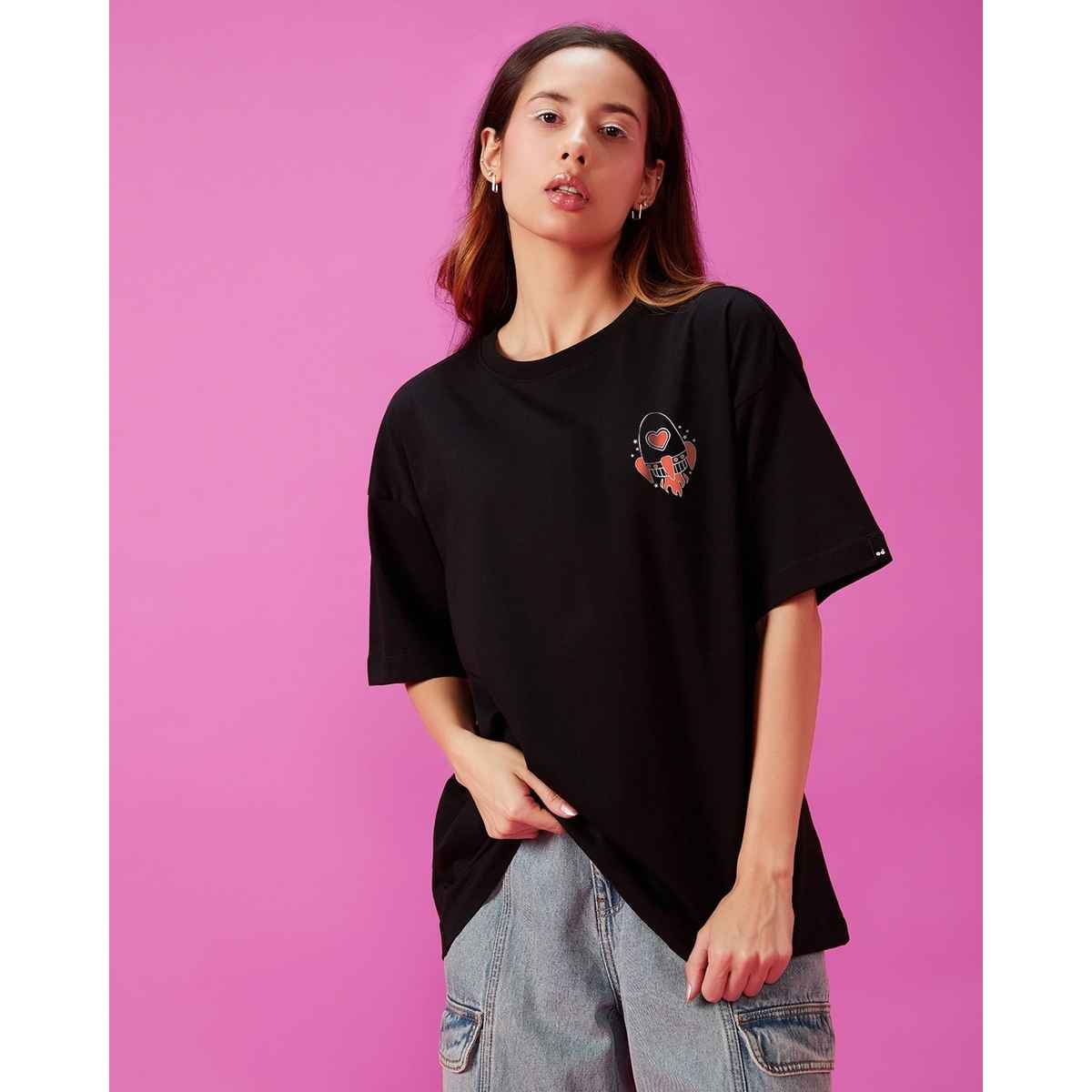 Bewakoof Women's Be Curious Graphic Printed Oversized T-shirt | Black - M