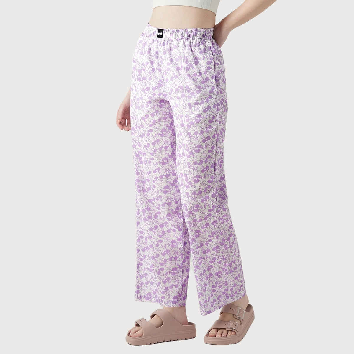 Bewakoof Official Disney Merchandise Women's All Over Printed Wide Leg Pyjamas | Purple & White - S