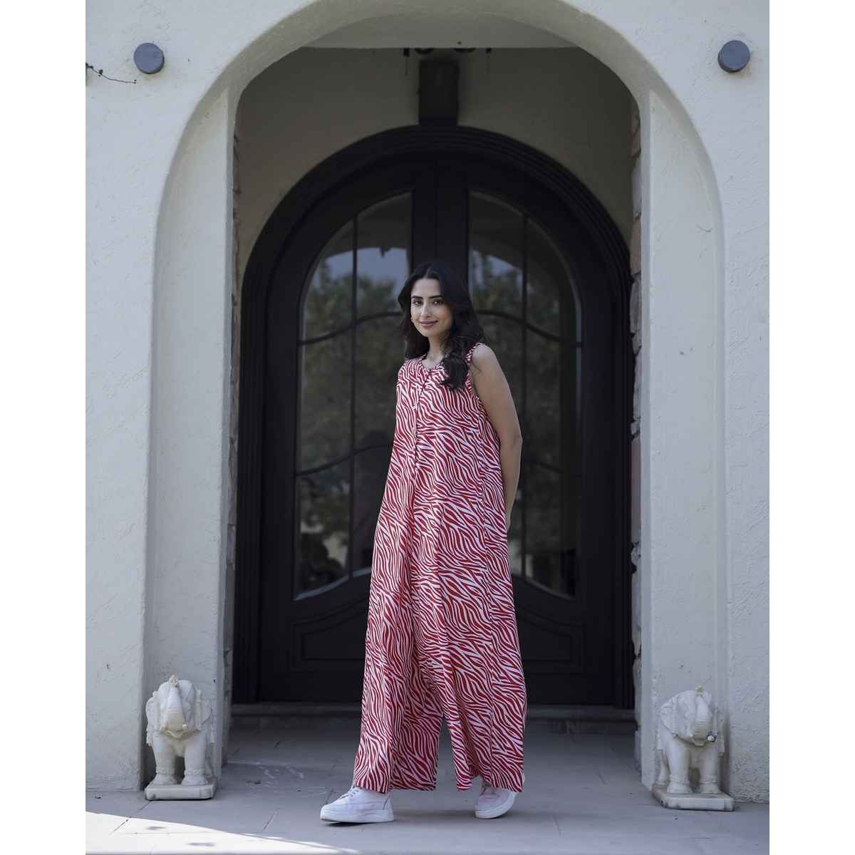 Sanskrutihomes Printed Sleeveless Pure Cotton Basic Jumpsuit for Women | Red | S
