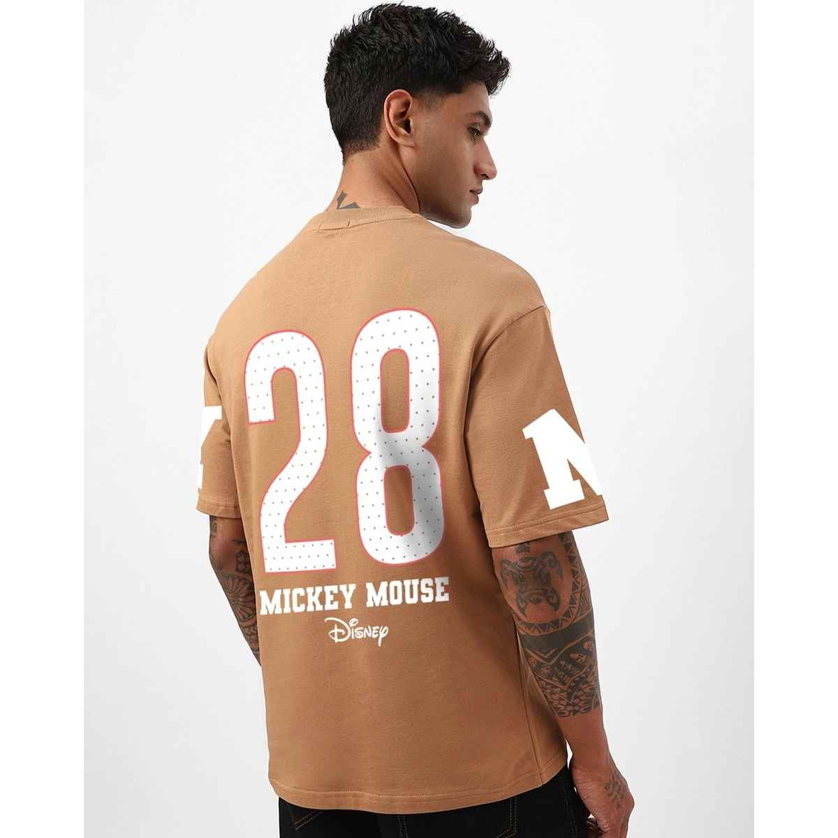 Bewakoof Men's Disney Mickey Graphic Printed Oversized T-shirt | Camel Brown - L