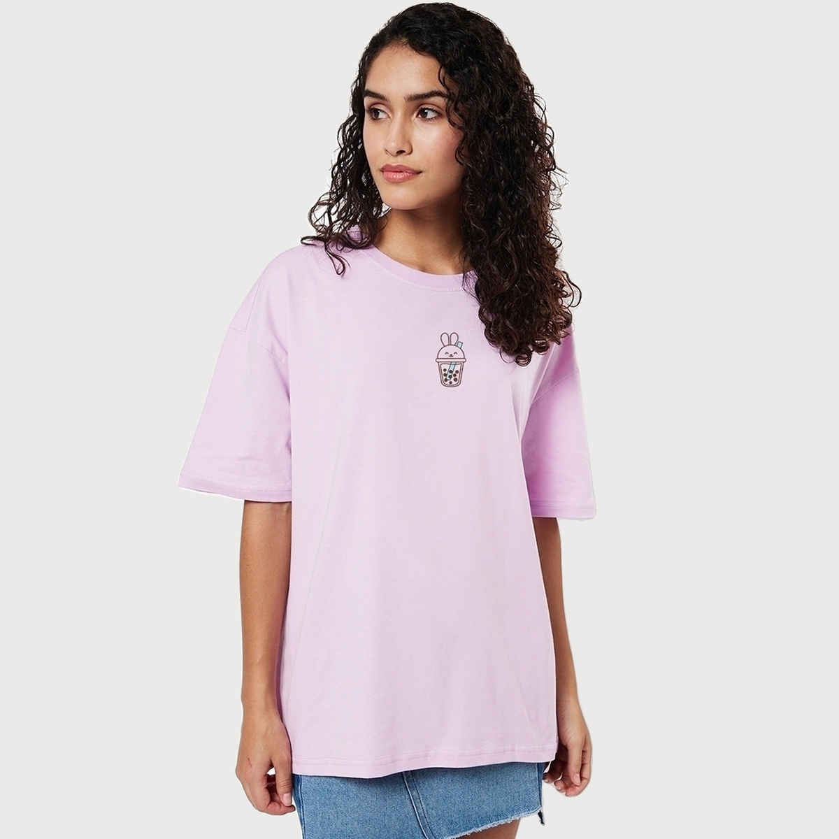 Bewakoof Women's I Don't Give A Sip Graphic Printed Oversized T-shirt | Purple - L