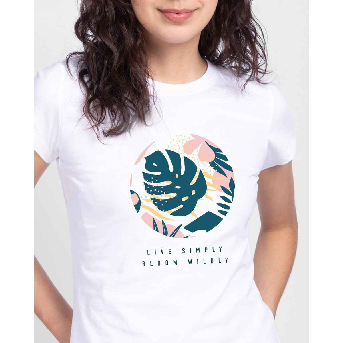 Bewakoof Women's Bloom Wildly Graphic Printed Slim Fit T-shirt | White - M
