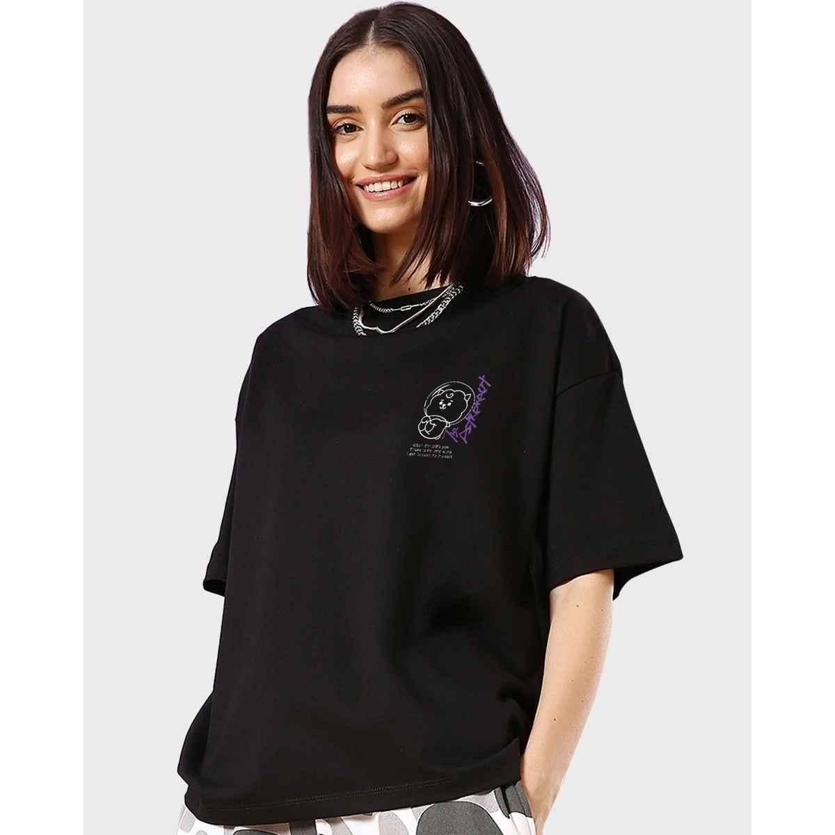 Bewakoof Women's BTS Astro JIN Graphic Printed Oversized T-shirt | Black - S