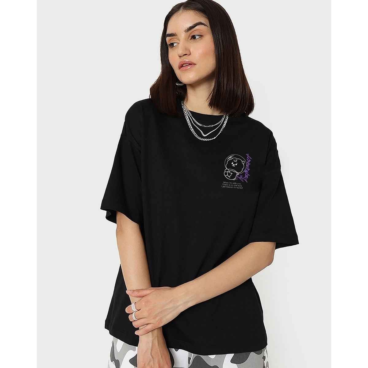 Bewakoof Women's BTS Astro JIN Graphic Printed Oversized T-shirt | Black - S
