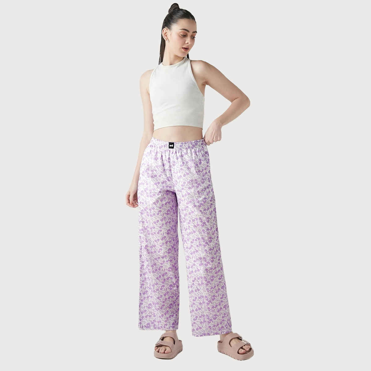 Bewakoof Official Disney Merchandise Women's All Over Printed Wide Leg Pyjamas | Purple & White - S
