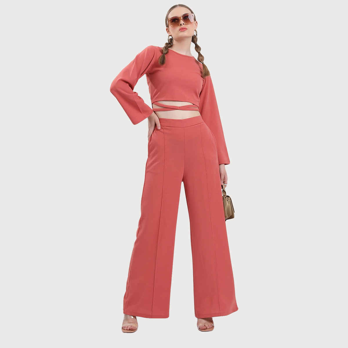 Ketch Women's Round Neck Cropped Top with Palazzo | Pink - L