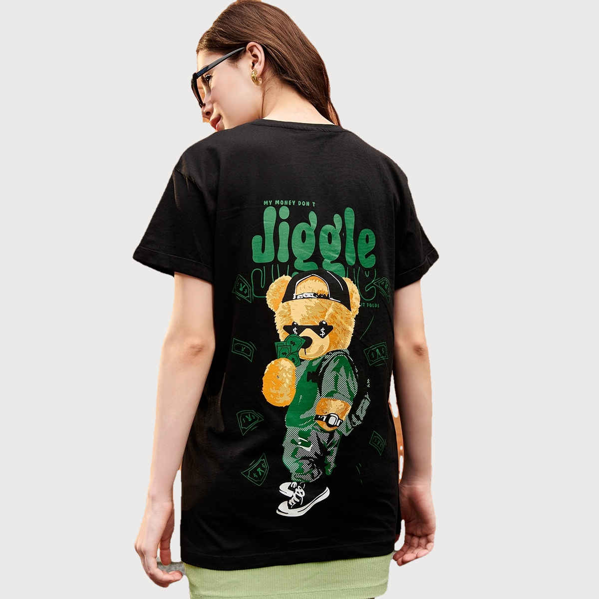Bewakoof Women's Money Don't Jiggle Graphic Printed Boyfriend T-shirt | Black | L