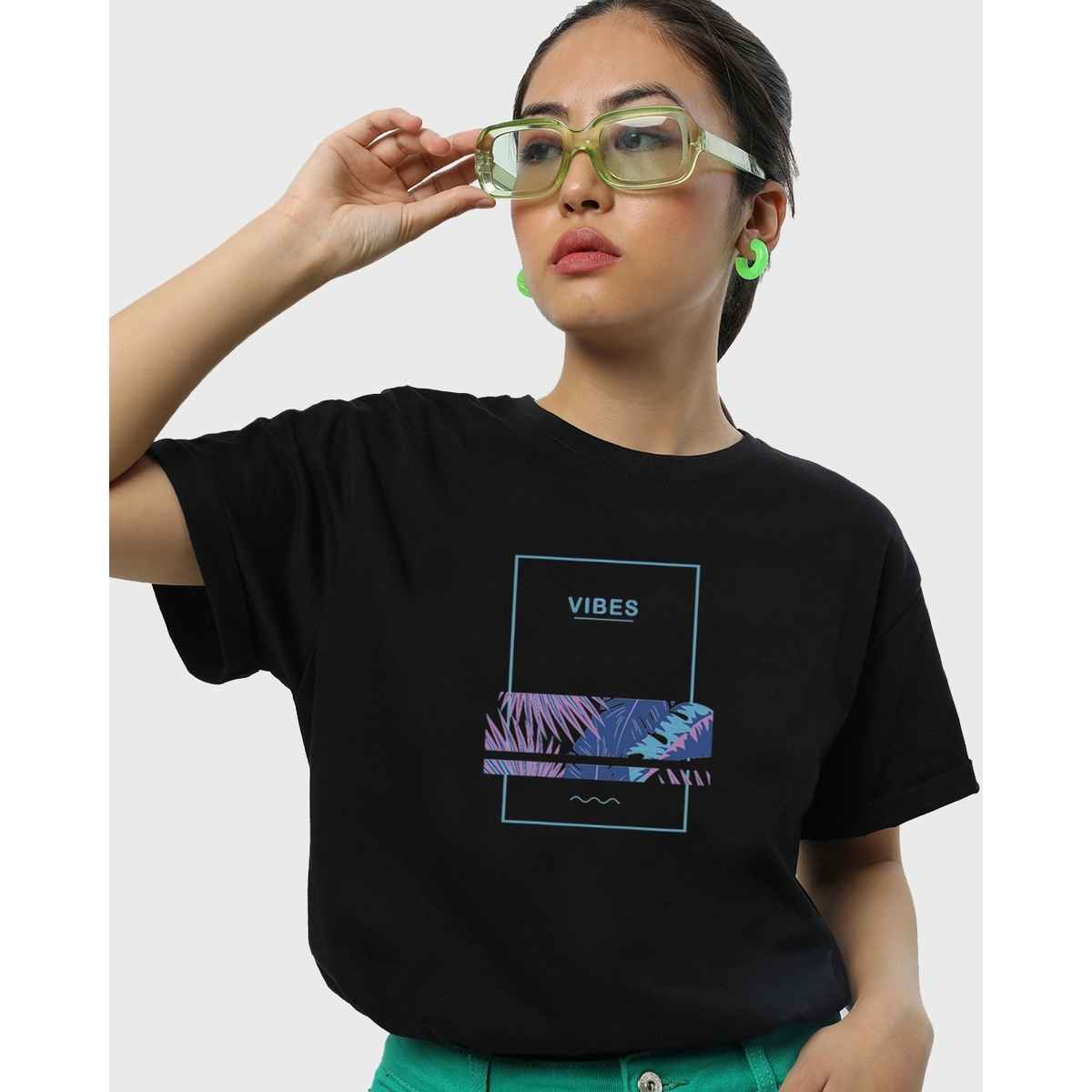 Bewakoof Women's Vibes Graphic Printed Boyfriend T-shirt | Black -XL