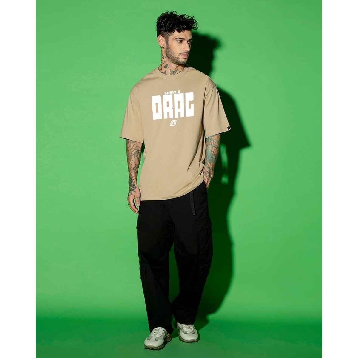 Bewakoof Men's Official Naruto Shikamaru Drag Graphic Printed Oversized T-shirt | Brown - 2XL