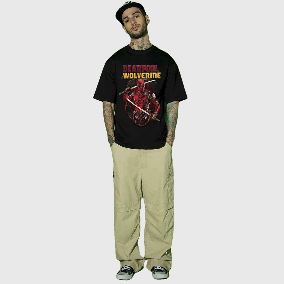 Bewakoof Men's Deadpool Graphic Printed Oversized T-shirt | Black - XL