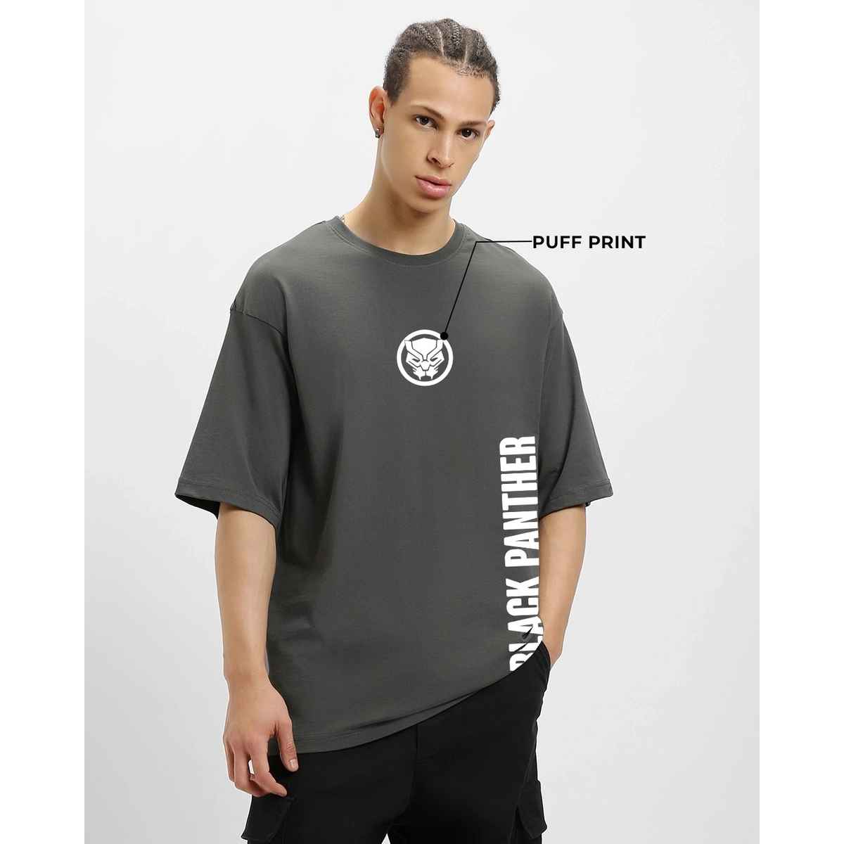 Bewakoof Men's Official Marvel Wakanda Forever Graphic Printed Oversized T-shirt | Grey - M