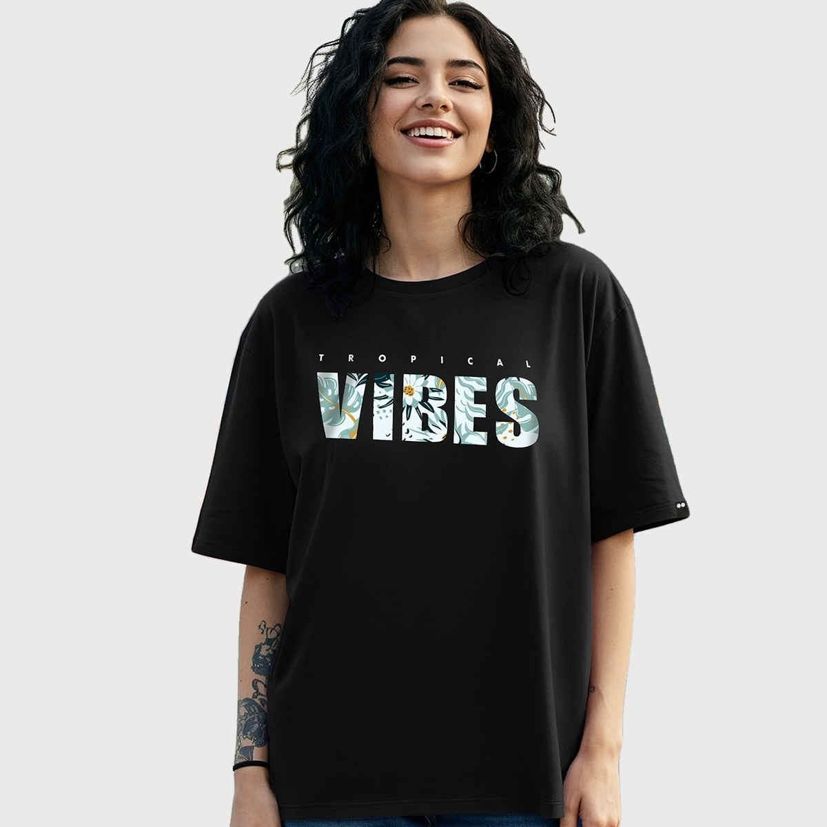 Bewakoof Women's Tropical Vibes Typography Oversized T-shirt | Black - L