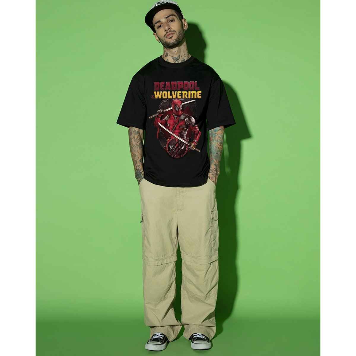 Bewakoof Men's Deadpool Graphic Printed Oversized T-shirt | Black - M