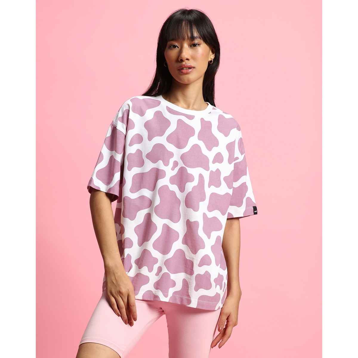Bewakoof Women's Camo Printed Oversized T-shirt | White & Purple - M