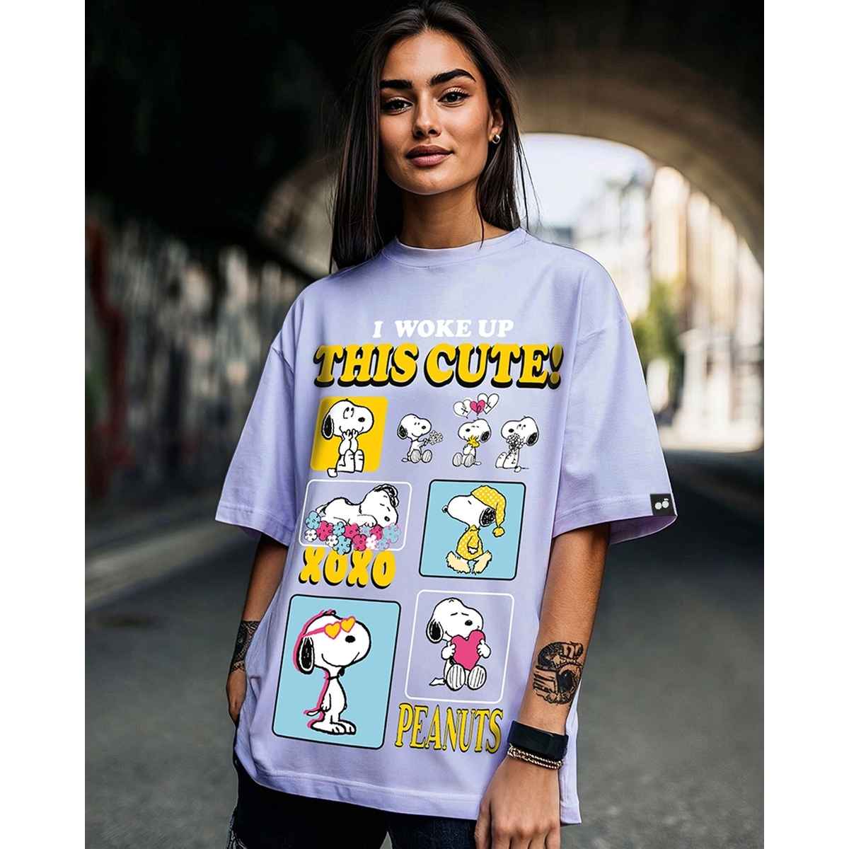 Bewakoof Women's Woke Up Cute Graphic Printed Oversized T-shirt | Baby Lavender - M