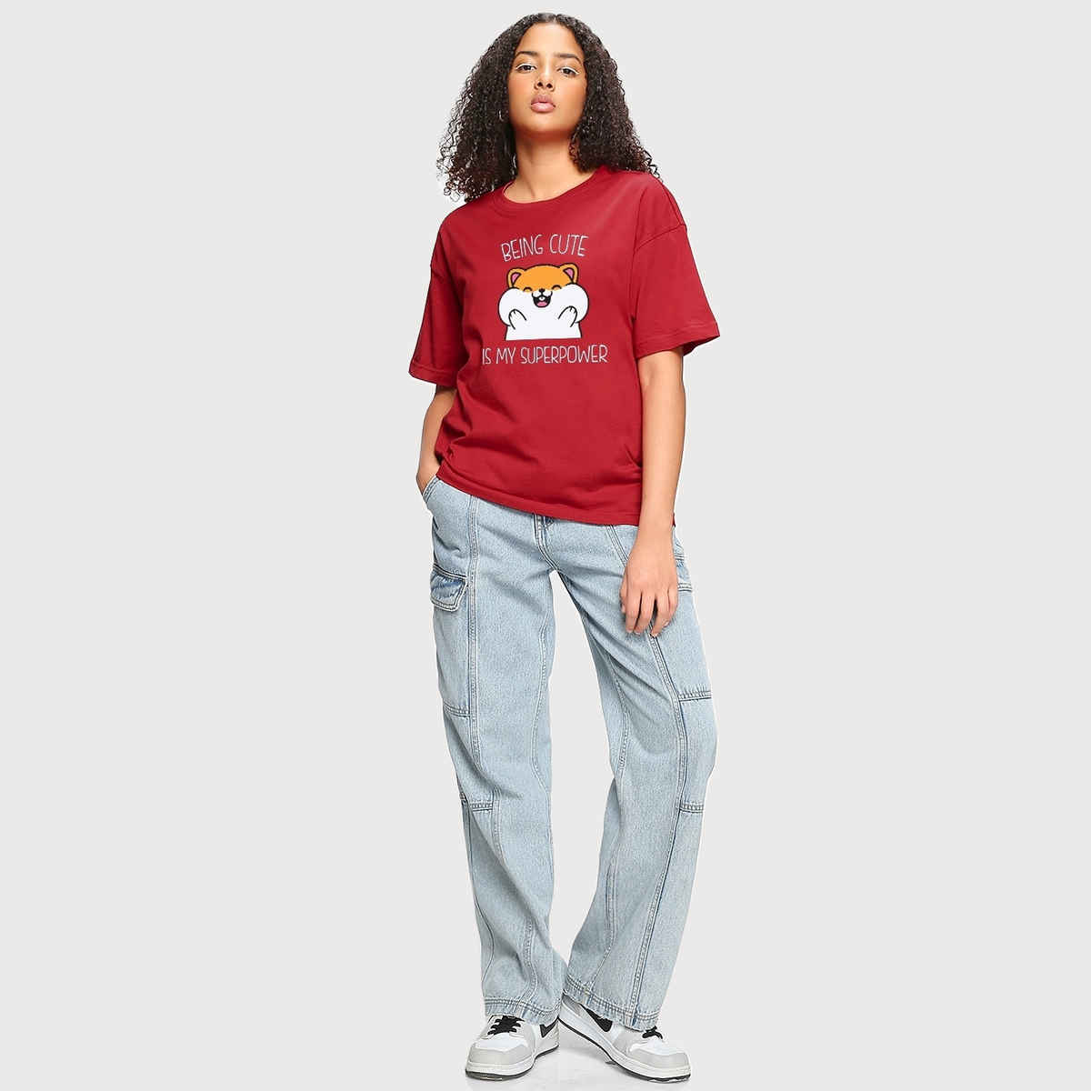 Bewakoof Women's Being Cute Is My Superpower Graphic Printed Oversized T-shirt | Red - L