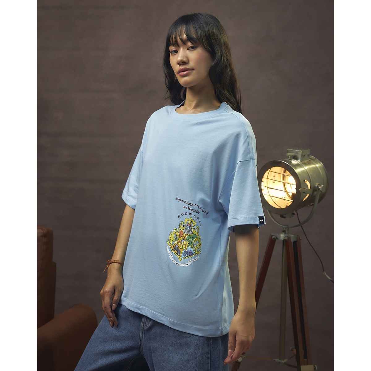 Bewakoof Women's School of Witch Craft Graphic Printed Oversized T-shirt | Blue - L