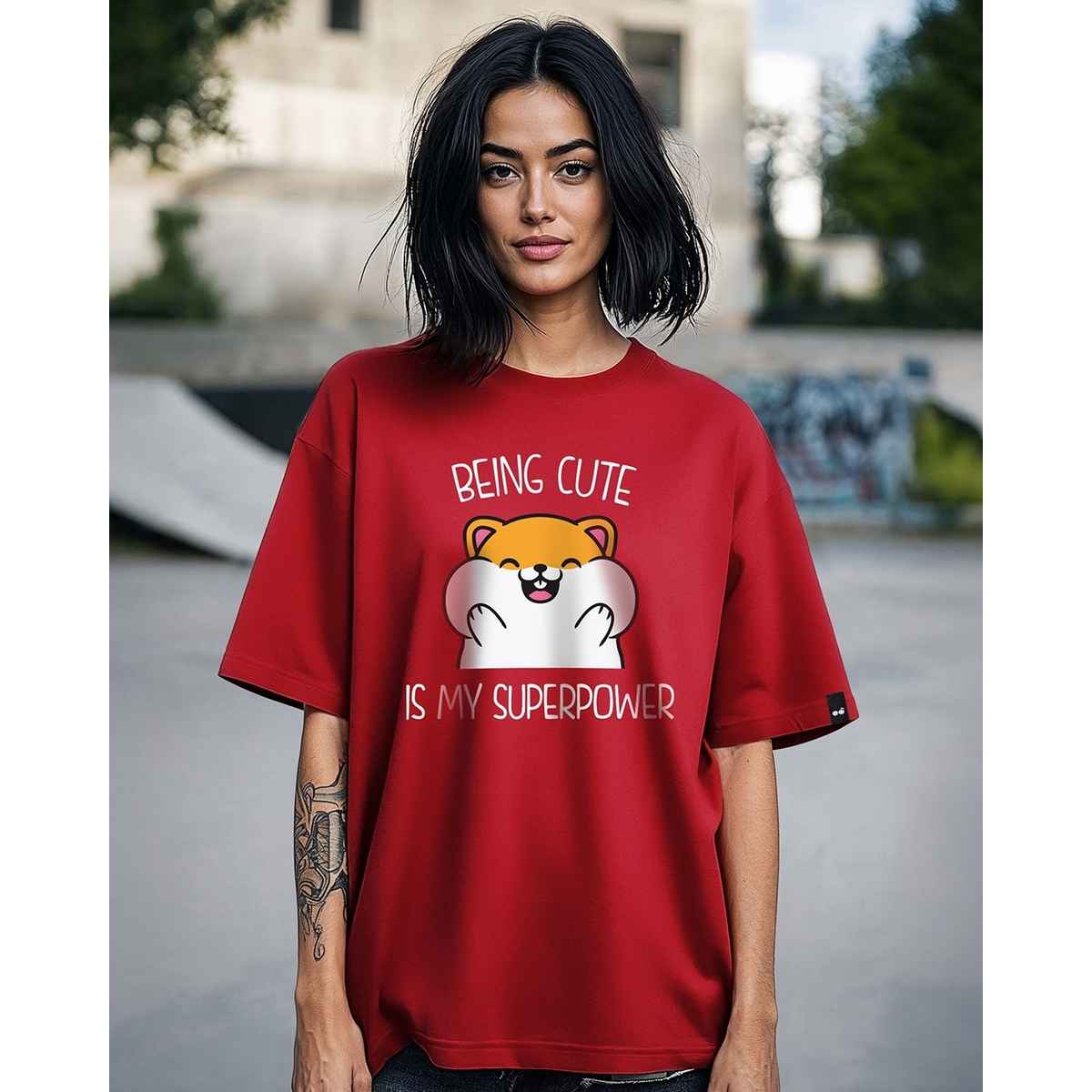 Bewakoof Women's Being Cute Is My Superpower Graphic Printed Oversized T-shirt | Red - M