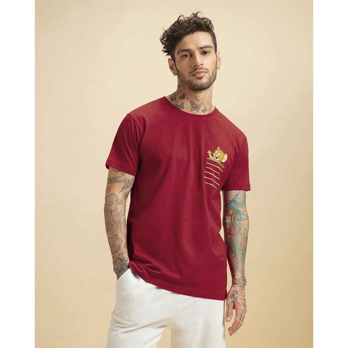 Bewakoof Tom & Jerry Merchandise Men's Red Pocket Jerry Graphic Printed T-shirt - L