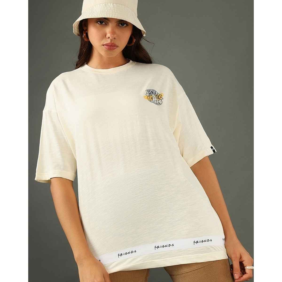 Bewakoof Women's Friends Tape Graphic Printed Oversized T-shirt | Gardenia - L