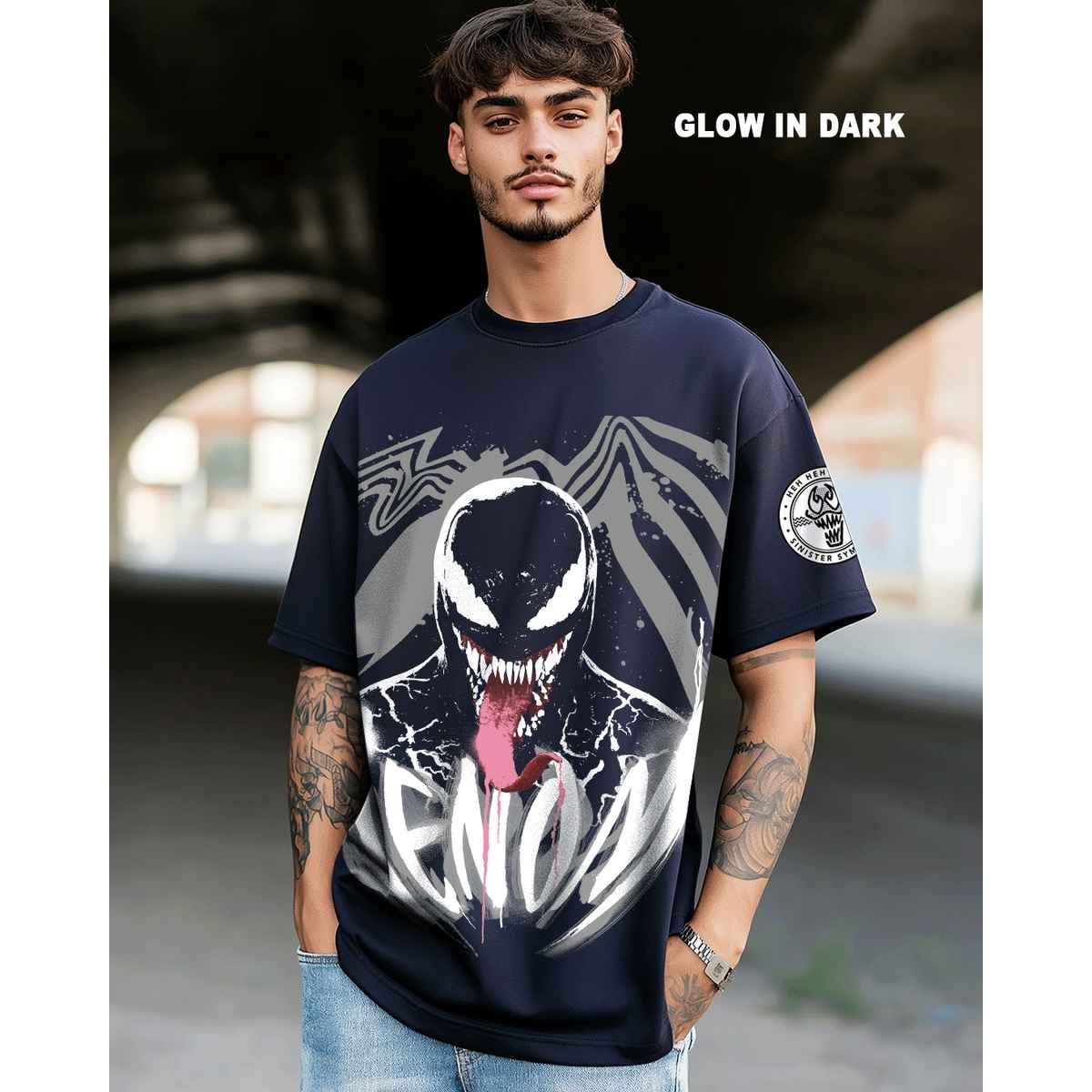 Bewakoof Men's Venom Graphic Printed Oversized T-shirt | Navy Blue - L