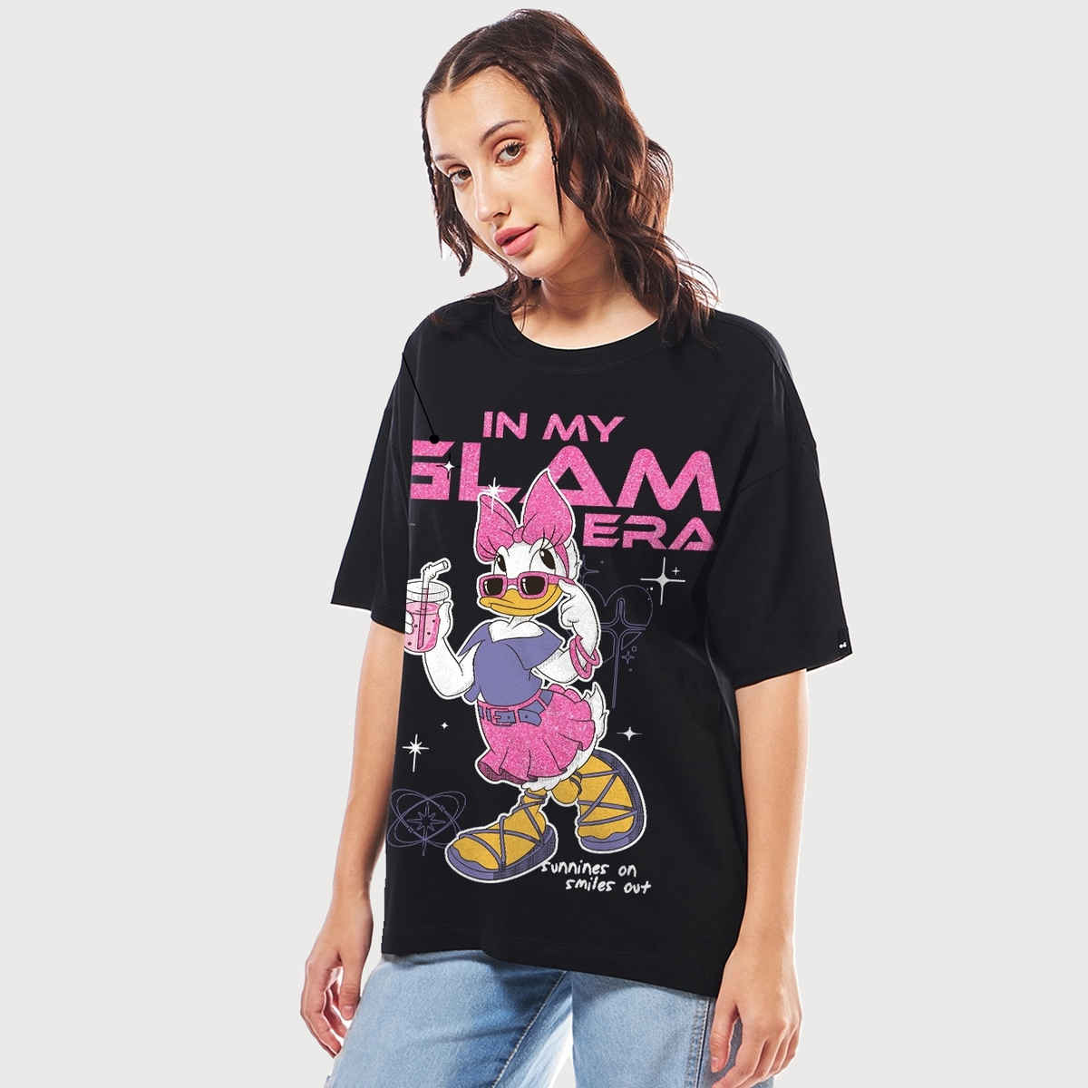 Bewakoof Women's My Glam Era Graphic Printed Oversized T-shirt | Black - M
