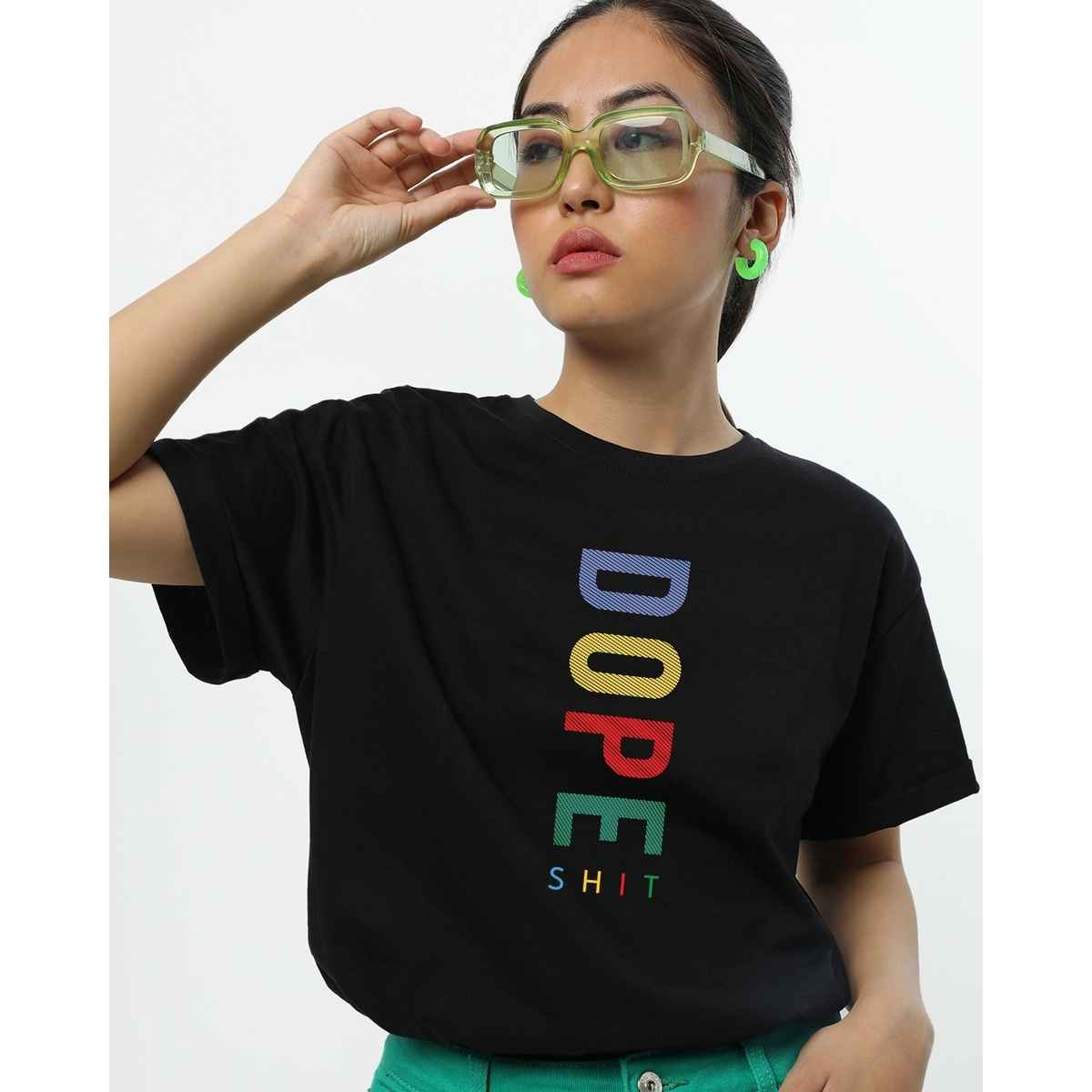 Bewakoof Women's Dope Shit Typography Boyfriend T-shirt | Black - L