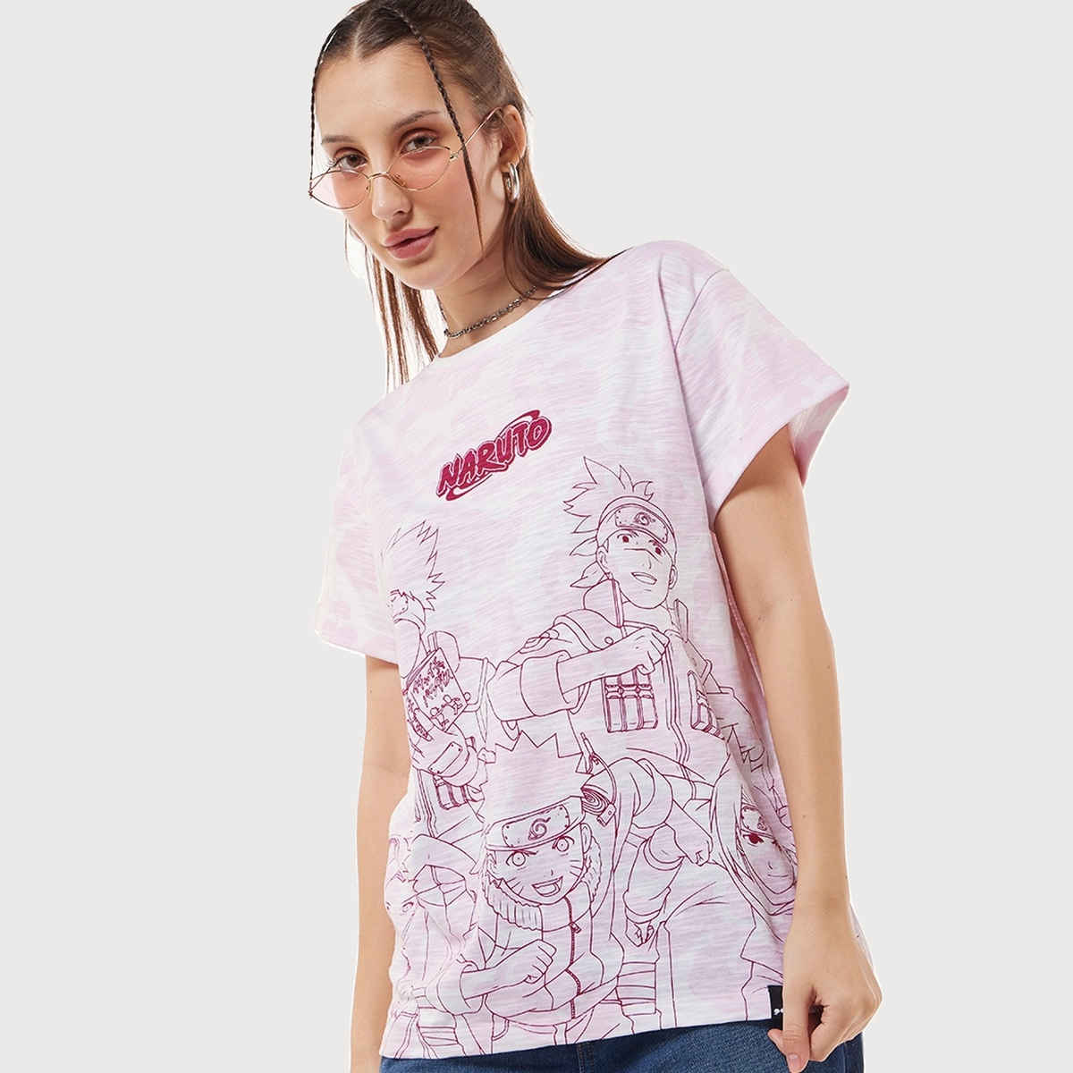 Bewakoof Women's Naruto Graphic Printed Boyfriend T-shirt | White & Pink - S