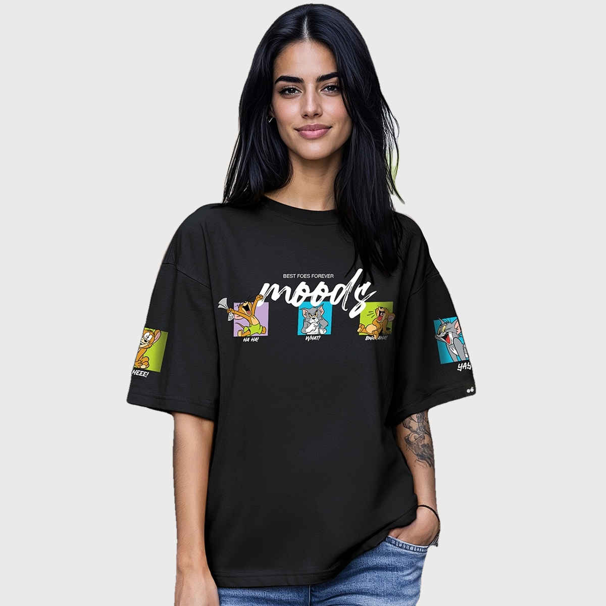 Bewakoof Women's Friends & Feelings T&J Graphic Printed Oversized T-shirt | Black - L
