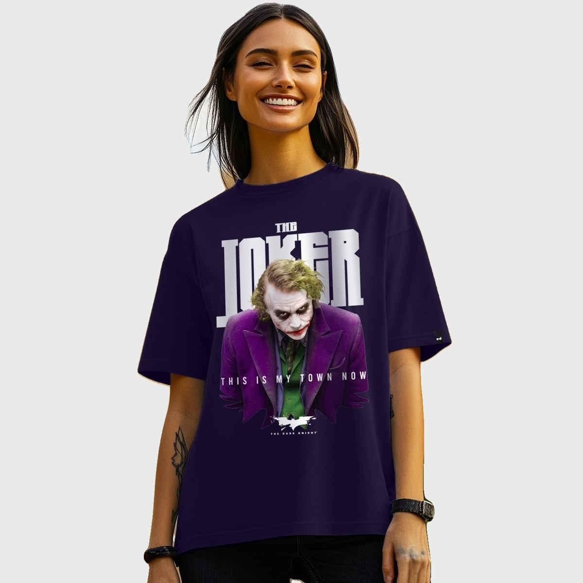 Bewakoof Women's Joker's Town Graphic Printed Oversized T-shirt | Navy Blue - S
