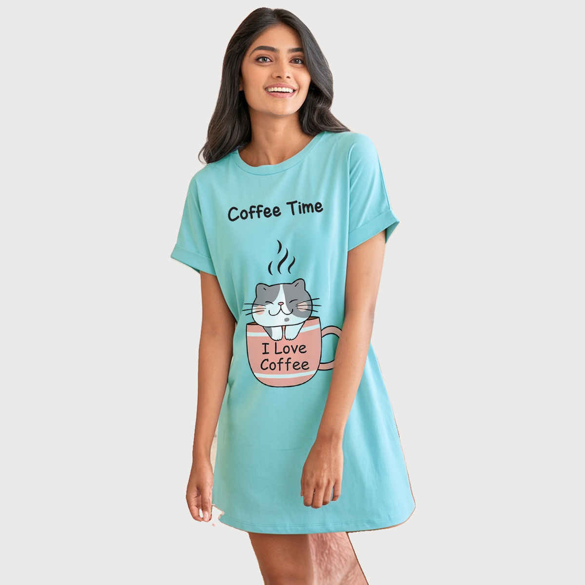 Fflirtygo Women's Cotton Long Tees | Sweet Dreams Short Nighty | White - L