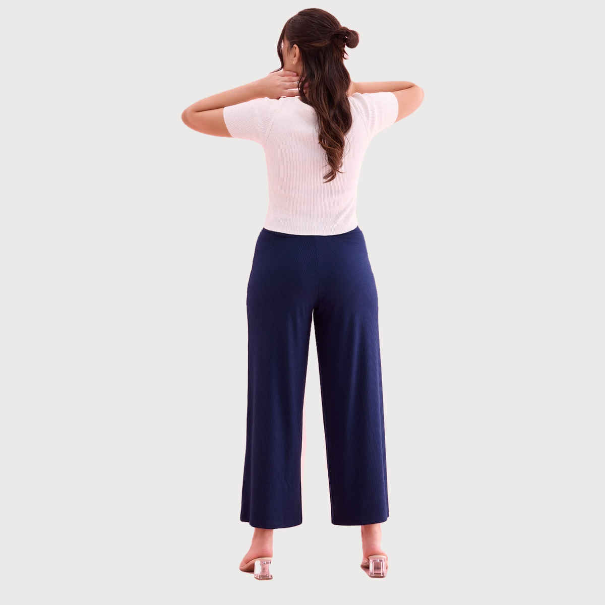 Go Colors Women's Solid Ribbed Palazzos | LPZ1 | Navy - S