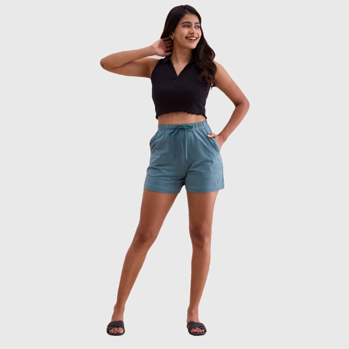 Go Colors Women's Solid Mid Rise Casual Shorts | Ocean Green - S