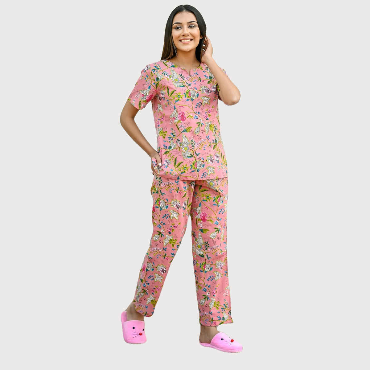 Sanskrutihomes Women Rose Pure Cotton Floral Print Pyjama | Set S