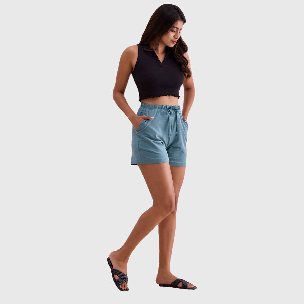 Go Colors Women's Solid Mid Rise Casual Shorts | Ocean Green - S