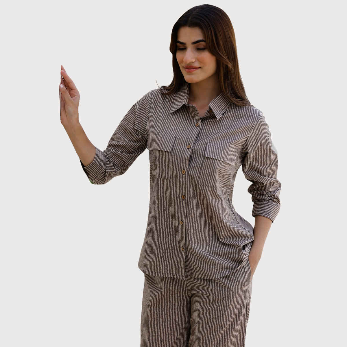 Sanskrutihomes Women Striped Shirt Collar Pure Cotton Beige Night Suit SE-NSP-615 | M