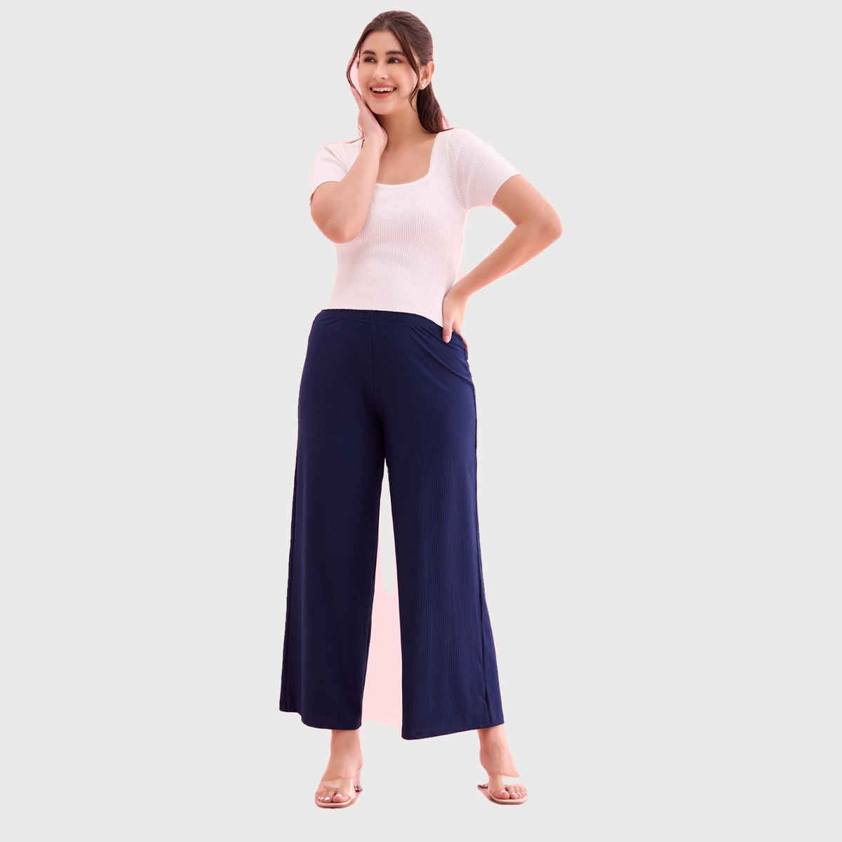 Go Colors Women's Solid Ribbed Palazzos | LPZ1 | Navy - S