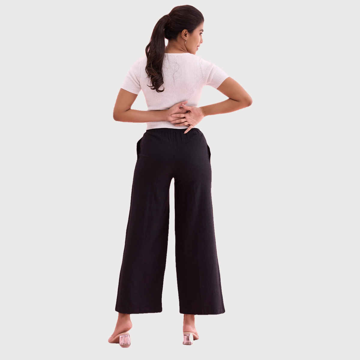 Go Colors Women's Solid Linen Palazzos | LPZ3 | Black - XL