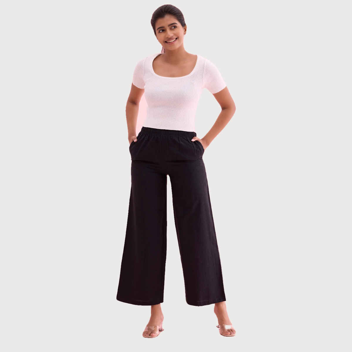 Go Colors Women's Solid Linen Palazzos | LPZ3 | Black - XL