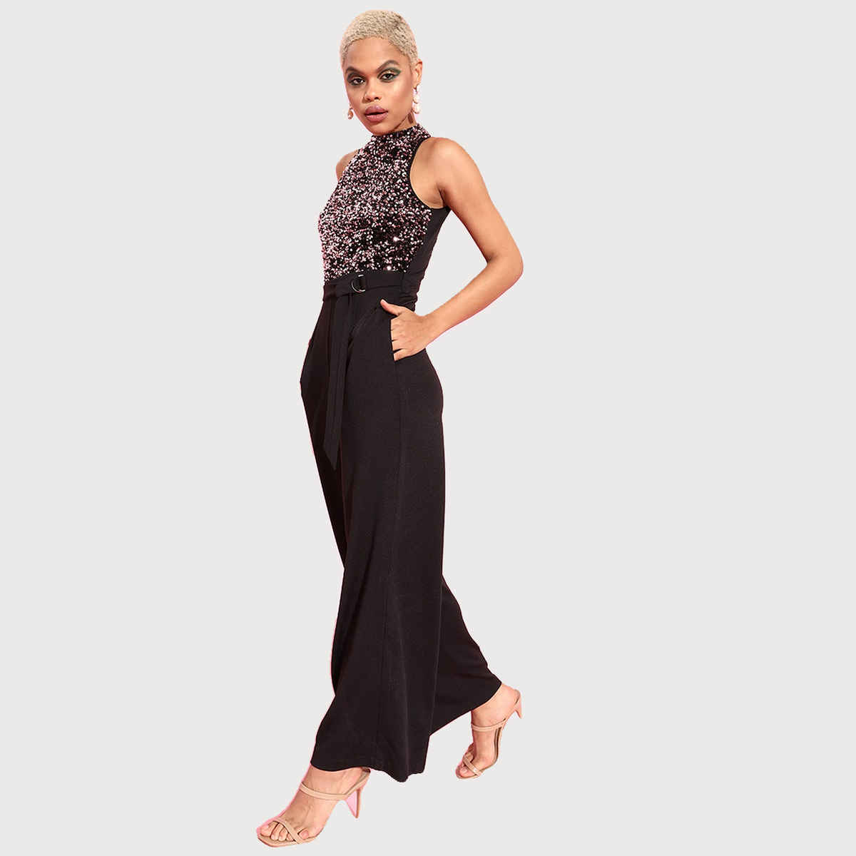 Miss Chase Women Embellished Regular Jumpsuit | Black and Lavender | XL
